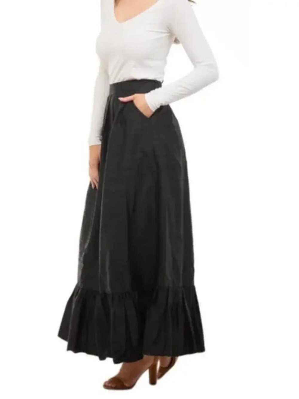 Beau & Ro By Sara Rossi Britt Maxi Skirt S Black Taffeta Ruffle Hem 100% Cotton